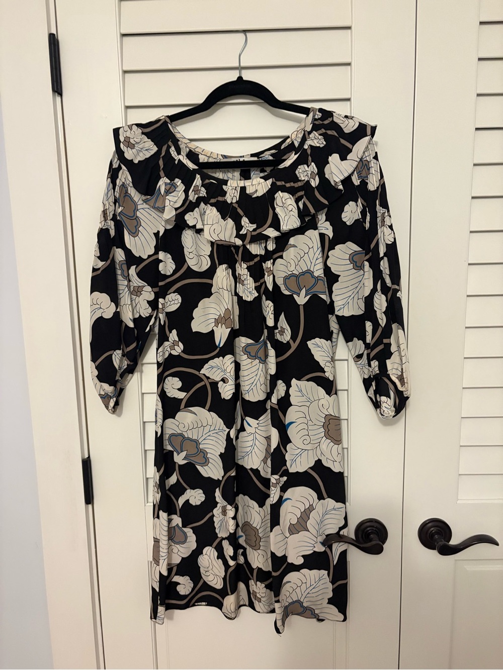Tibi Black, Cream & Blue Floral Pleated Blouse